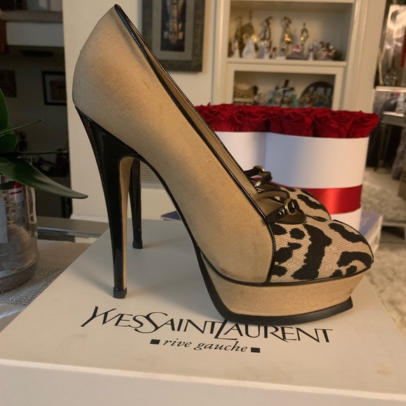 YVES SAINT LAURENT RIVE GAUCHE Beige Peep Toe Platforms heels SZ 9.5 🔥🔥🔥 - Picture 7 of 14